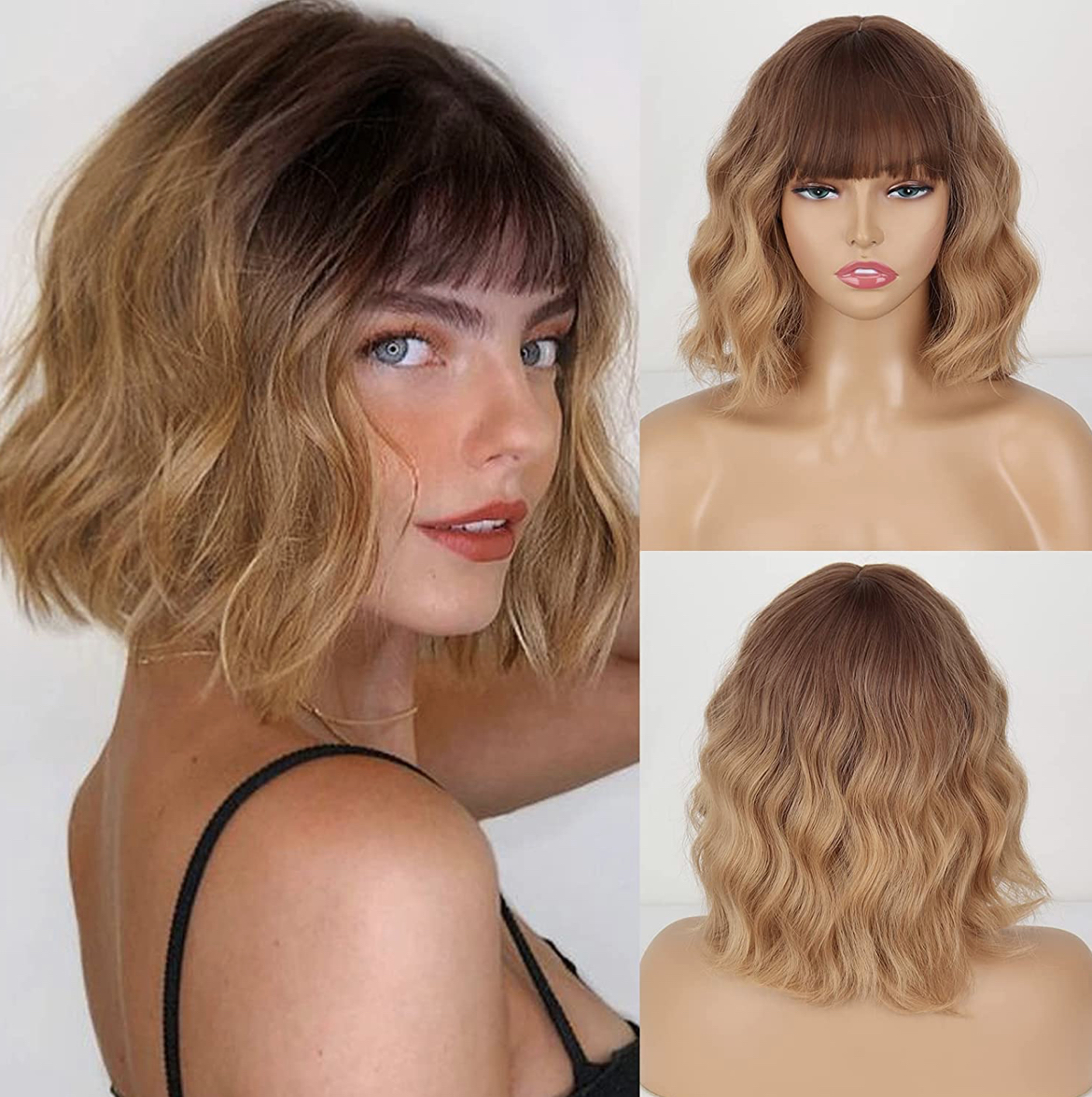 Wig Female Short Hair Round Face Full Top Headgear Short Hair Temperament  Bangs Hair CoverBlack Brown 28CM snatcher